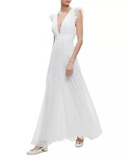 Alice & Olivia Vanna Dress V Neck Ruffle Sleeve Eyelet Maxi NWT White [2] $695