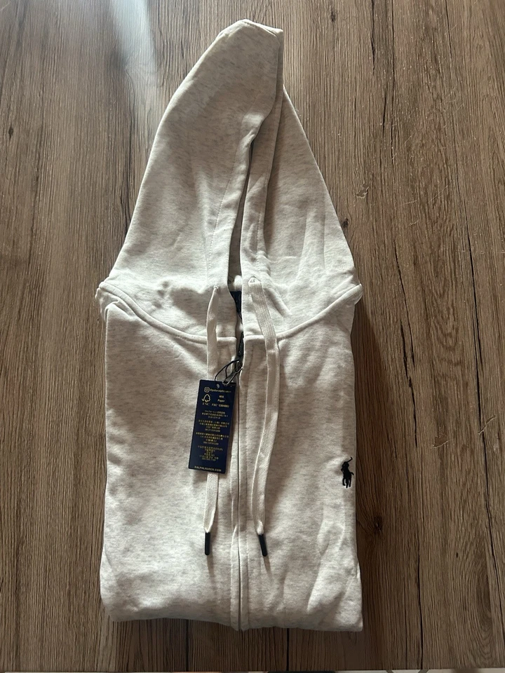 Polo Ralph Lauren sweat à capuche zippé beige chiné homme XL logo coton - Photo 3/4