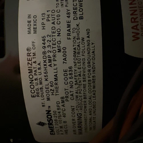 5836 Emerson Motor 1/3 HP, 208-230 V, 1075 RPM, 4 Speed, 1 Ph