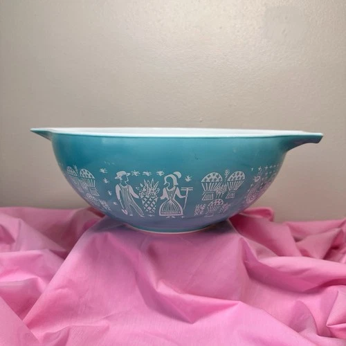 Vintage Pyrex Glass AMISH BUTTERPRINT Turquoise #444 Cinderella 4 Qt Mixing Bowl