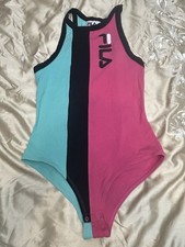 FILA Women Colorblock One Piece Bodysuit Logo Pink/Blue/Black L vintage y2k