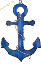 STAINED GLASS ROYAL BLUE ANCHOR SUNCATCHER NAUTICAL BEACH BOAT GE287 FAST SHIP