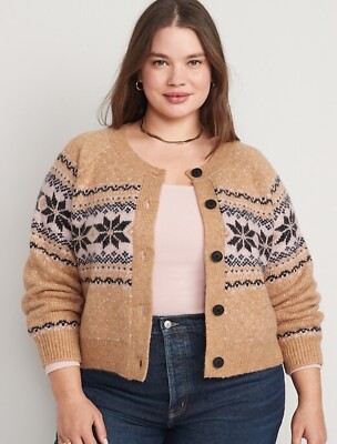 NWT Old Navy Fair Isle Cardigan Sweater Plus 2X 20 22 Tan Pink Charcoal Relaxed