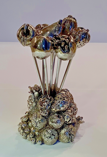 Retro Set of (8) Cocktail Forks & Holder Silver Plated Fruit Hors D’oeuvre Picks - Picture 3 of 15