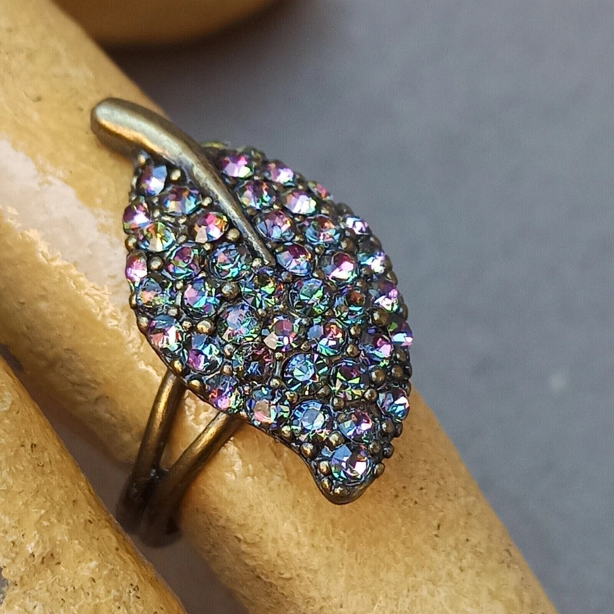 Michael Negrin Ring Leaf Aurora Borealis Swarovski Crystal