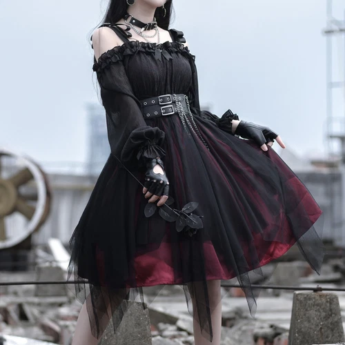 Abito donna gotico maglia con volant manica a sbuffo Lolita steampunk cosplay irregolare rosso - Foto 7 di 17