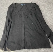 Bodin Sweater Womens Size 12 Black Button Up Long Sleeve Cashmere Angora Blend