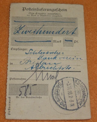 Schlesischer Bankverein Breslau 38. Infanterie Division Feldpost Zahlschein 1916 - Bild 1 von 4