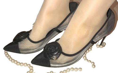 CHANEL COCO Mesh CC Floral Logo Black Pointed toe CC on Heel Pumps Size 41 - Picture 6 of 21