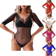 Womens Jumpsuit See Through Bodysuit Sparkly Leotard Breathable Clubwear Soft