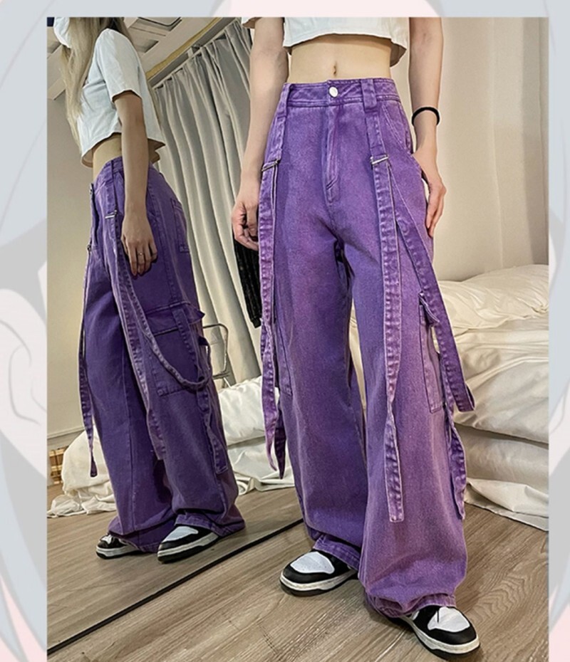 Women's Girl Harajuku pocket Jeans Casual Denim Loose Wide Leg