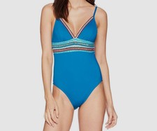  295 LA Blanca Women's Blue Stretch Running-Stitch Mio One-Piece Swim Swimsuit 4