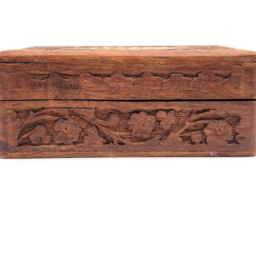 Wood Trinket Jewelry Box Handcarved Center MOP Inlay Felt Inside Hinged VTG - Picture 4 of 14