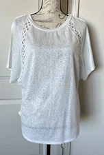 Sugar Fox Women’s White Crochet Detail Sheer Leopard Dolman Sleeve Blouse Top Lg