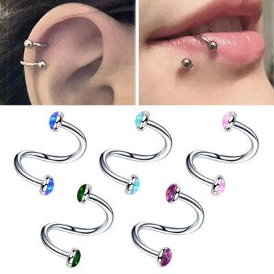 3-5mm Opal Spiral Steel Ear Stud Ring Internal Thread Helix Tragus Lip Piercing