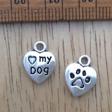10 Paw Print Charms Word Pendants Heart Tags I LOVE MY DOG Pet Lover