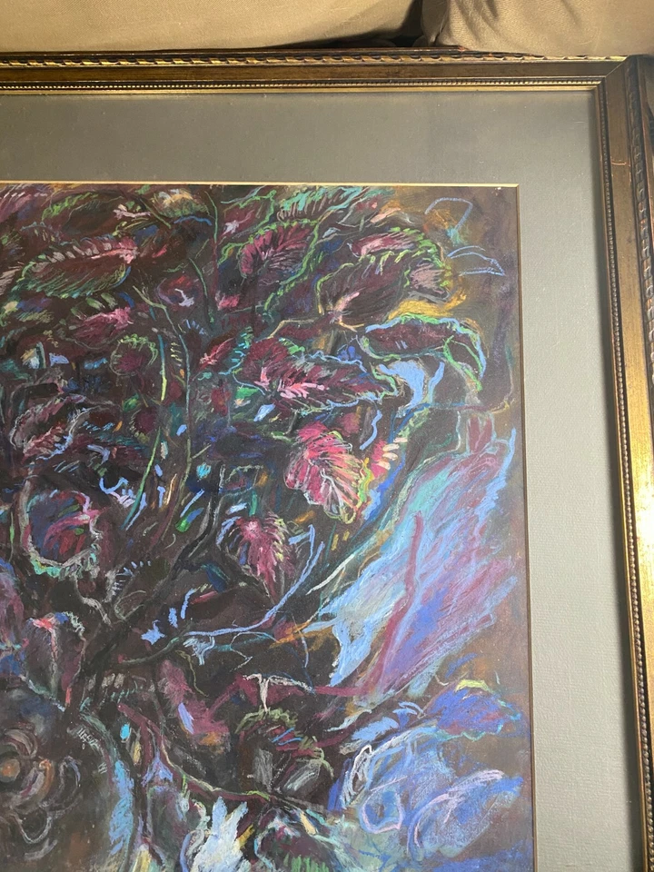 Huge "Still Life With An Urn With Flowers Scene" Gouache Painting -Signed/Framed — 第 3/4 张图片