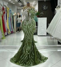 Sparkly Green Long Mermaid Evening Dresses with Silver Crystals  Birthday Gowns