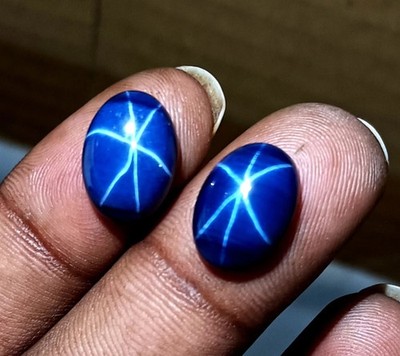 Natural 14.25CTS 6 Rays Blue Star Sapphire PAIR Oval Cabochon 10X12X5mm Gemstone