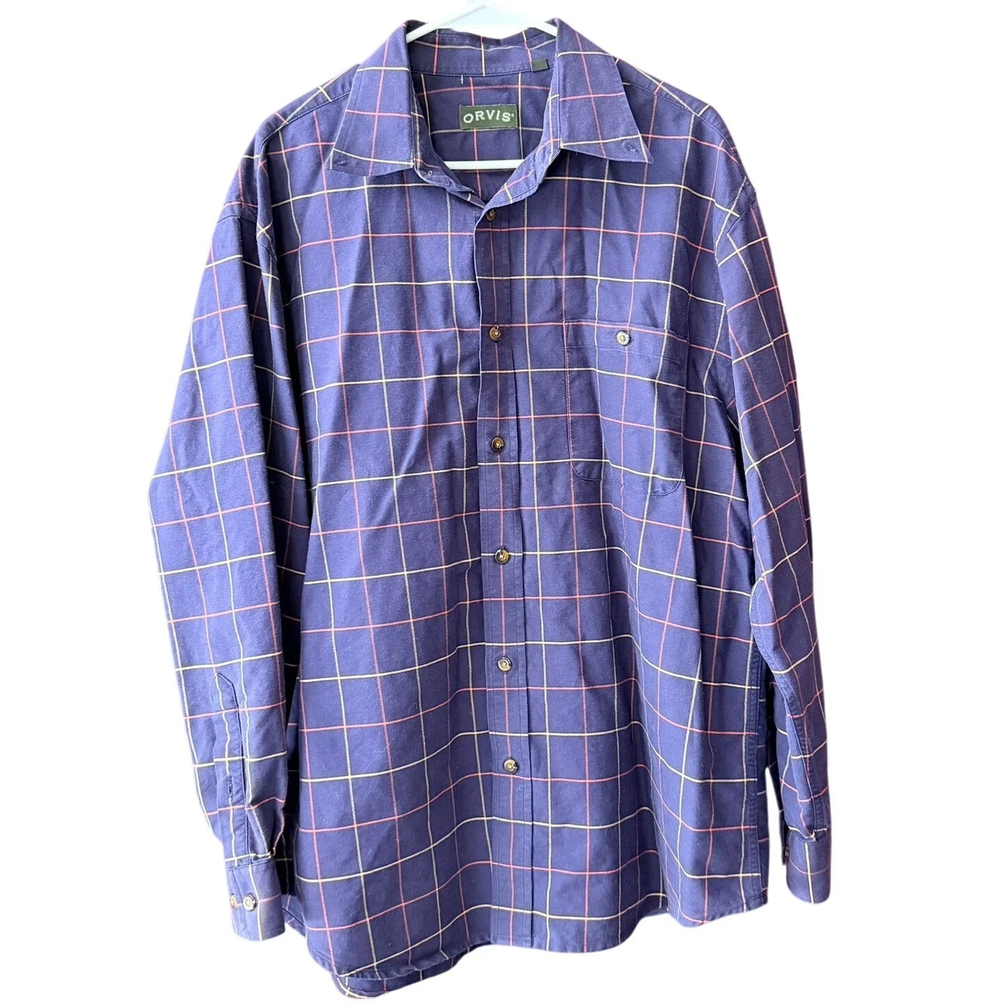 Orvis Mens XL Windowpane Plaid Button Down Shirt Purple Long Sleeve 100% Cotton