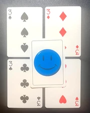 Swap Playing Card  SMILEY FACE  Lot of 4 THREES  Spades Diamonds  Clubs Hearts
