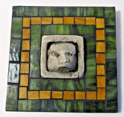 Handmade Abstract Art 3D Sculpture on Wood w/ Green & Yellow Slag Glass SIGNED