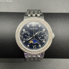 Bulova 96R210 Moon Phase Blue Celestial Dial Crystal Bezel Watch Runs 7"