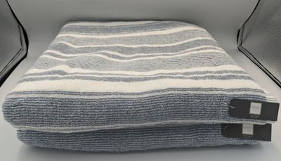 Soho Living White and Blue Striped Towel Set (2 Bath Towels) NEW with Tags