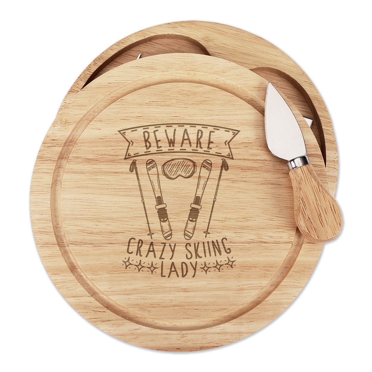 Beware Crazy Skiing Lady Cheese Board Knife Set