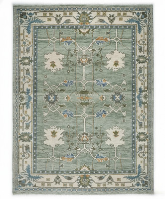 Authentic Hand-Knotted Oushak Rug - Sage Green & Cream Wool Area Rug