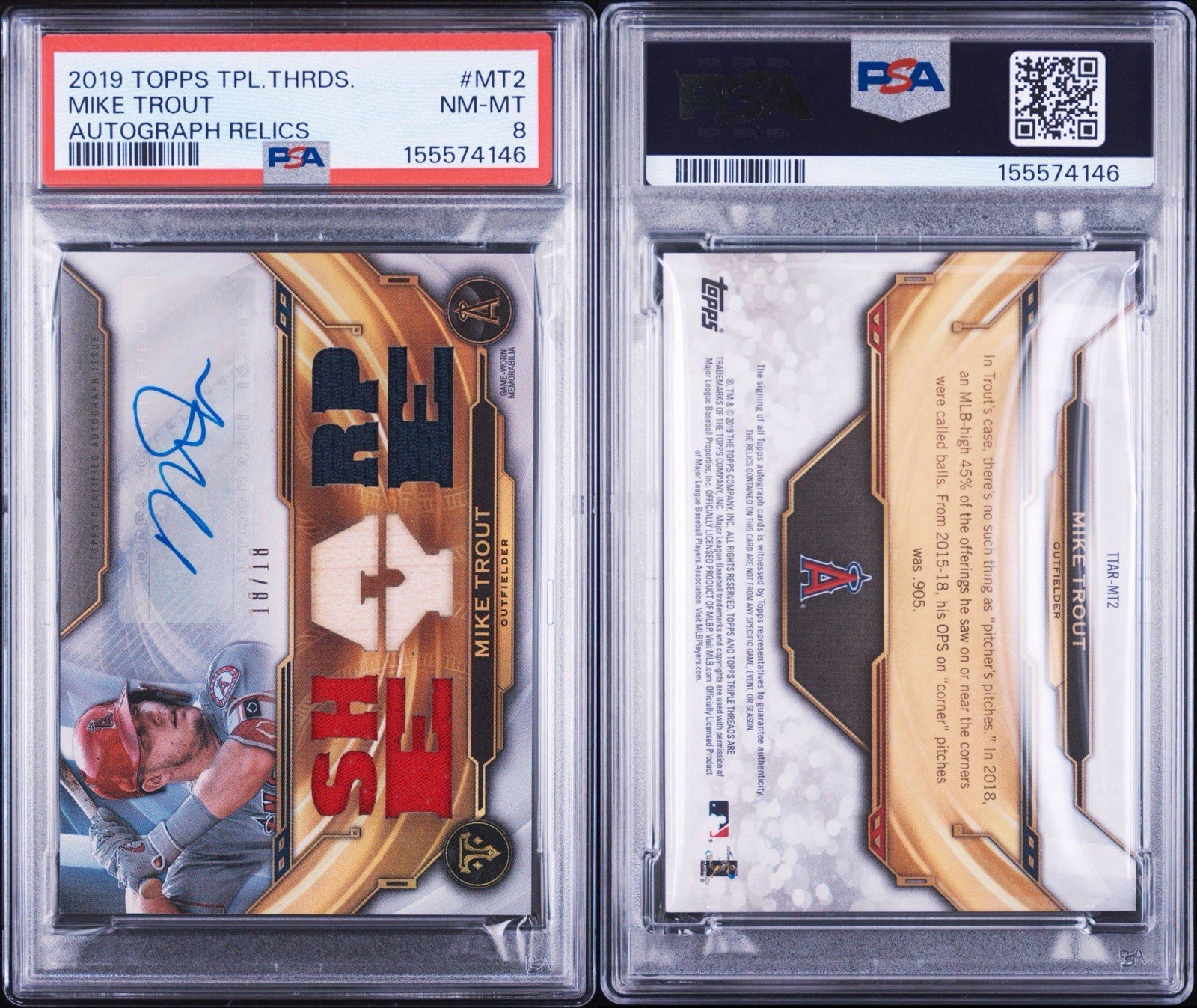 Topps 2019 Triple Threads Mike Trout Auto Relic #MT2 PSA 8 /18 view 3