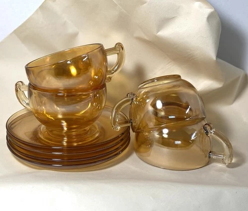MCM Jeanette Carnival Glass Cup And Saucer Set Of 4 Cappuccino Cortado