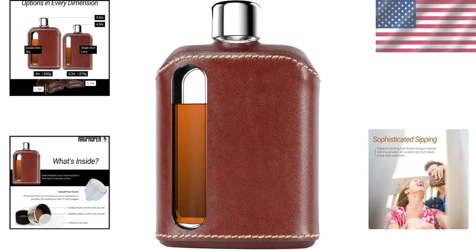 Juego de regalo frasco de cadera de vidrio - funda de cuero, doble disparo 8 oz Foto 2 de 4