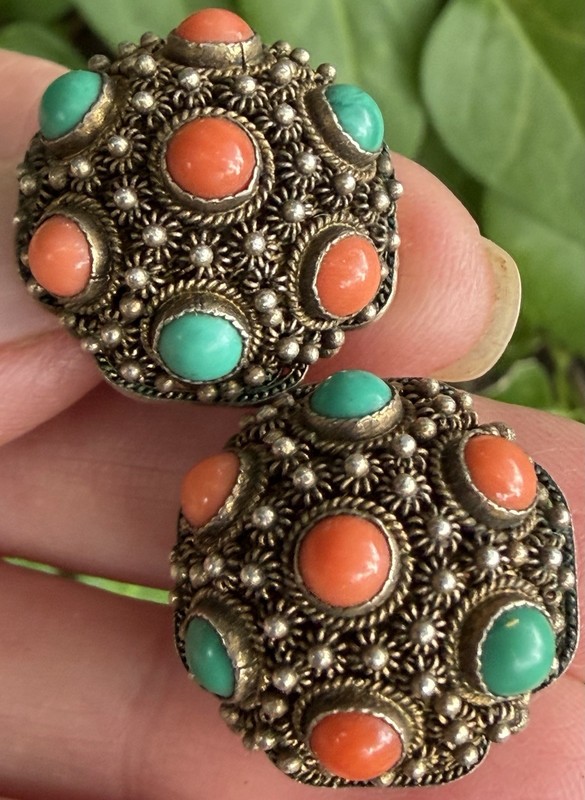 Chinese Antique Sterling Silver old filigree turquoise coral clip Earrings