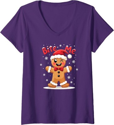 Bite Me Gingerbread Funny Sarcastic Christmas Ladies' V-Neck Tshirt