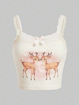 Romwe Kawaii Himekaji Contrast Lace Deer Pattern Cami Tank Top Bow Small