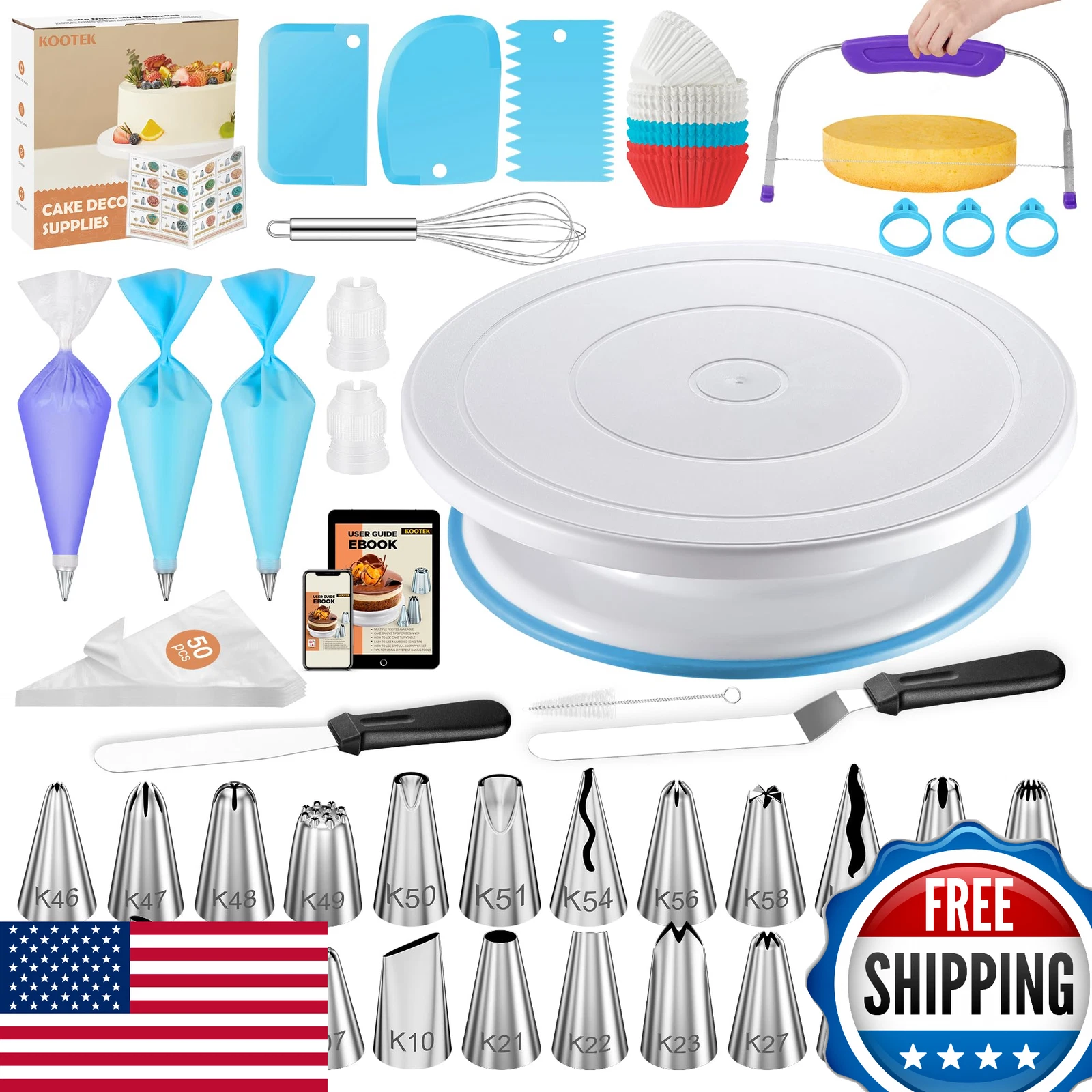Kootek 140-Pcs Cake Decorating Kit, Stand, Turntable, Tips, Bags, Spatulas
Opens in a new window or