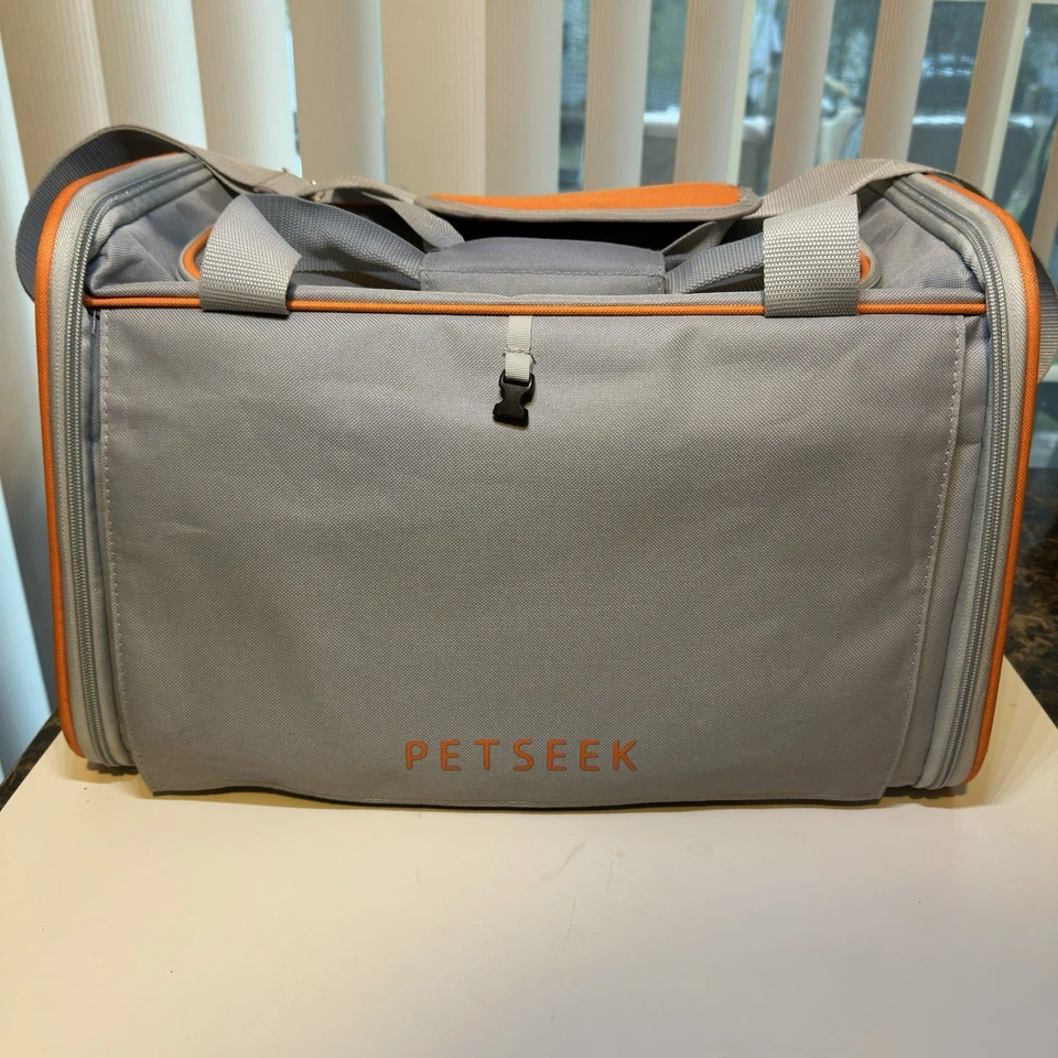 Petseek 航空公司批准宠物背带软面灰色橙色 18 英寸猫狗旅行 — 第 2/4 张图片