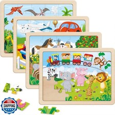 Wooden Puzzles for Kids Ages 4-6, 4 PCs 24 Animals Cars Farm Dinosaur World J
