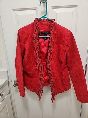 Dialogue Jacket Womens S Red Suede Leather Fringe Open Front Lined Western Boho