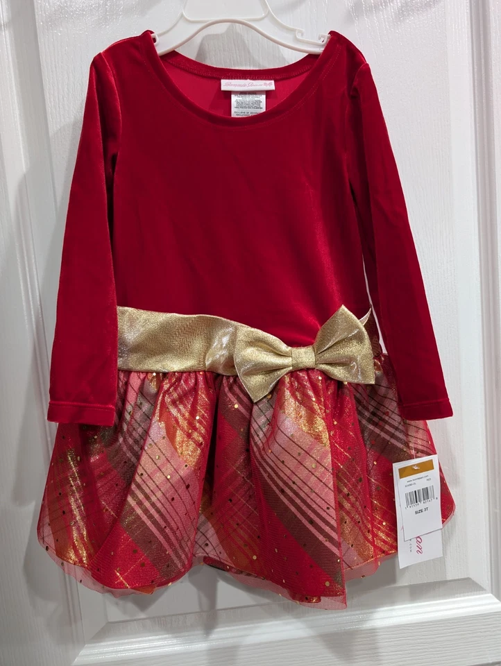Bonnie Jean Girls Christmas Holiday Santa Plaid Gold Bow Multi Red Velvet Dress - Image 2 of 4