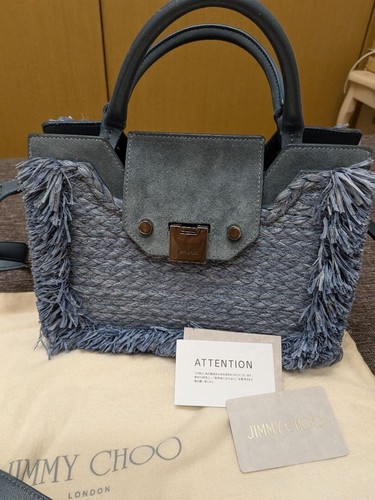 JIMMY CHOO Handbag Raffia Leather Blue Gray From Japan