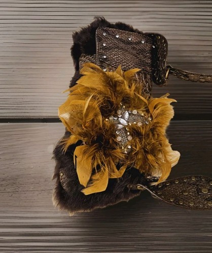 Vintage Unique Autumn Faux Fur And Feathers Beaded Clutch Style Shoulder Bag - Picture 3 of 7