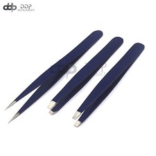 3 Slant  Pointed Tweezers Set Eyebrow Ingrown Facial  Nose Hair Blue Color