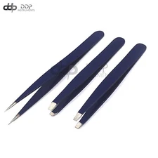 3 Slant & Pointed Tweezers Set Eyebrow Ingrown Facial & Nose Hair (Blue) Color