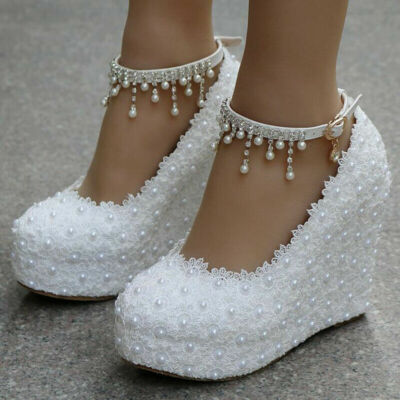Frauen-Faux-Perlen-Spitze-Keil-Sandalen-Absatz-Plattform-Hochzeits-Braut-Schuhe