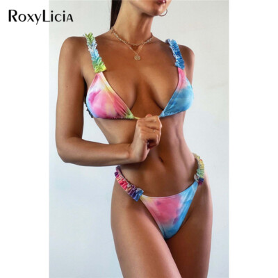 5 Colors Sexy Ruffled Frilled Tie Dye Bikini Women Swimwear Bather Bathing Suit