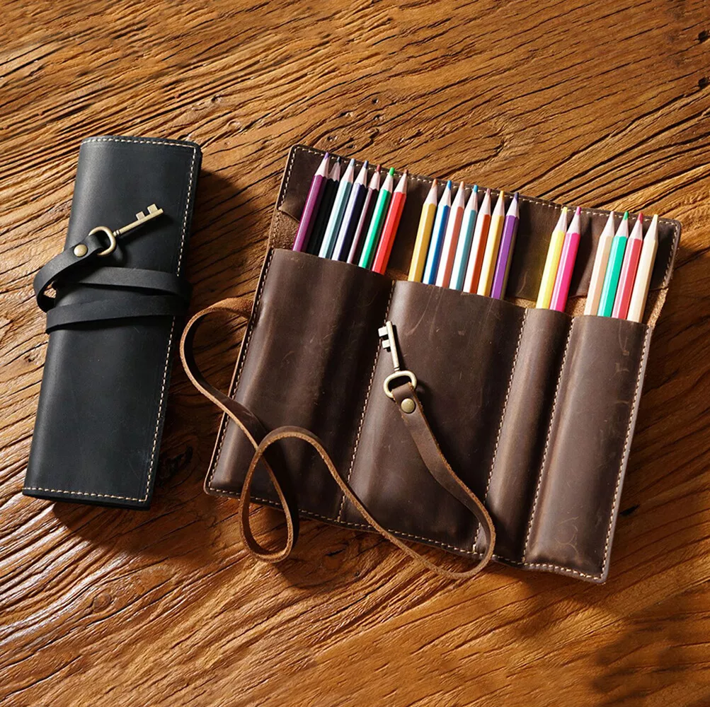 Genuine Leather Pencil Case Roll Up Pen Curtain Storage Pouch Stationery  Holder