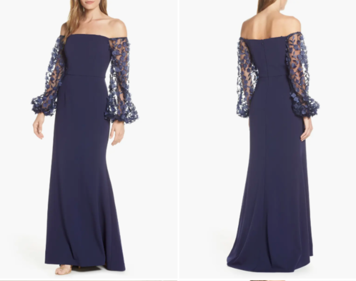 ELIZA J Navy Off the Shoulder 3D Sheer Sleeve Scuba Crepe Maxi