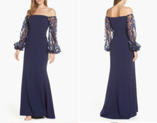 ELIZA J Navy Off the Shoulder 3D Sheer Sleeve Scuba Crepe Maxi Gown Dress 4 = S
